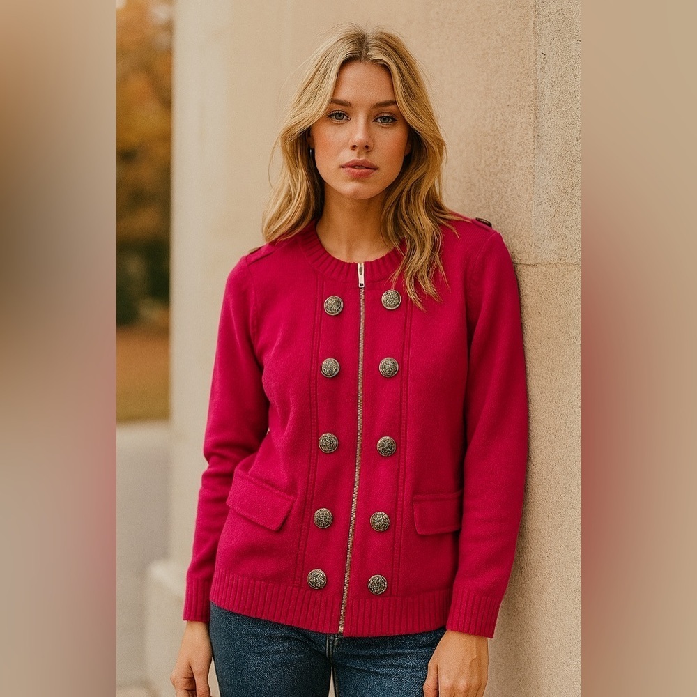 Vintage Cardigan Military Style Buttons Zipper closure Cranberry Red Size M‍‍